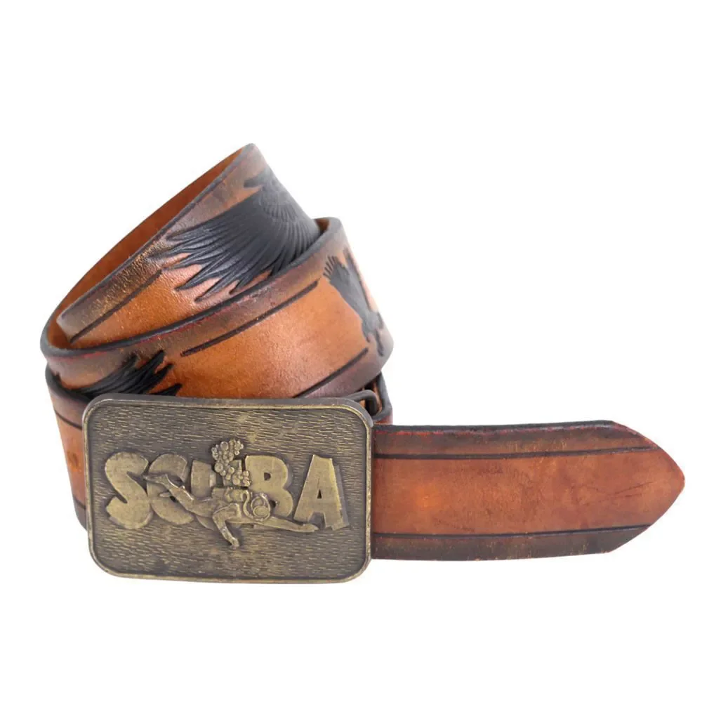 SCUBA TOOLED BROWN GENUINE LEATHER 1 5/8
